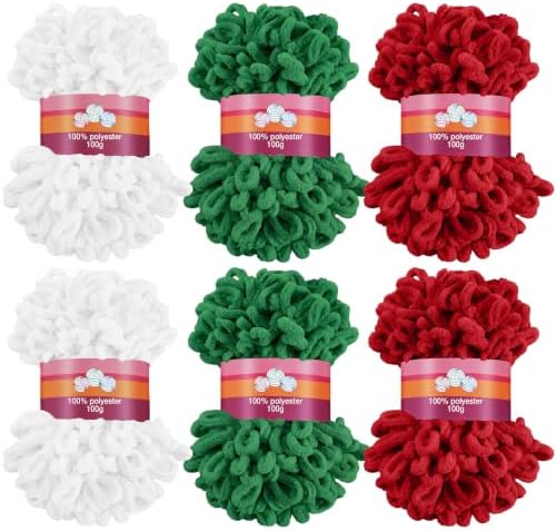Threlaco 6 Skein Christmas Loop Yarn for Finger Knitting, Red, Green, White by Threlaco