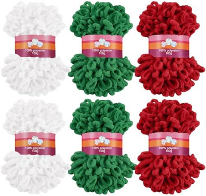 Threlaco 6 Skein Christmas Loop Yarn for Finger Knitting, Red, Green, White by Threlaco