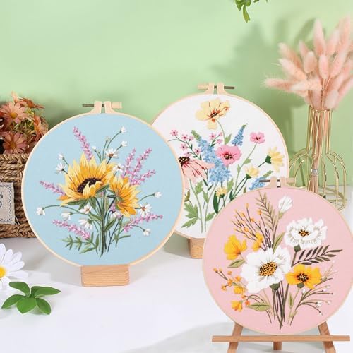 Ohcol 3 Sets Embroidery Kit,Cross Stitch Kits Needlepoint Kits for Adults Beginner,Needle Point Kits with Washable Pre-Printed Floral Pattern,Hoops,Women DIY Hand Crafts - Image 4