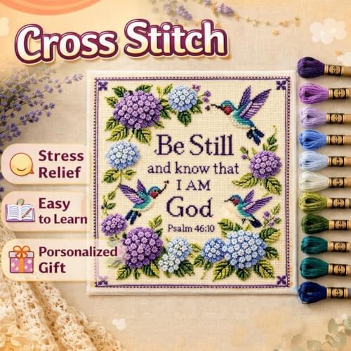 Hummingbird Garden Faith Cross Stitch Kit, Psalm 46:10 Be Still and Know Christian Embroidery Set | Premium Wool Yarn DIY Hand Stitch Craft for Adults Beginners, Religious Home Wall Decor Gift - Image 3