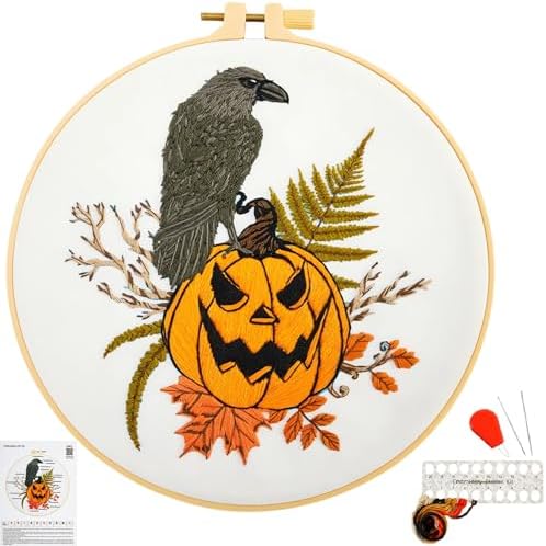 Crafmanoe Halloween Embroidery Starter Kits for Beginners Adults, Fall Pumpkin Stamped Cross Stitch Kits for Beginners Adults, Crow Gothic Embroidery Needlepoint Kits, Hoops, Fabric and Video Tutorial by Unknown