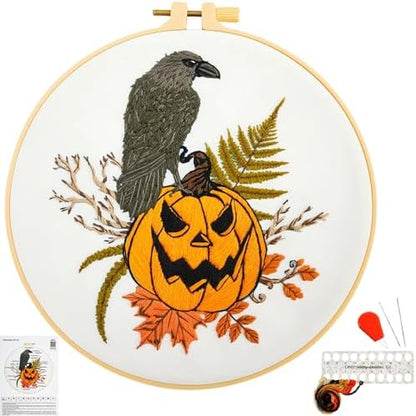 Crafmanoe Halloween Embroidery Starter Kits for Beginners Adults, Fall Pumpkin Stamped Cross Stitch Kits for Beginners Adults, Crow Gothic Embroidery Needlepoint Kits, Hoops, Fabric and Video Tutorial by Unknown