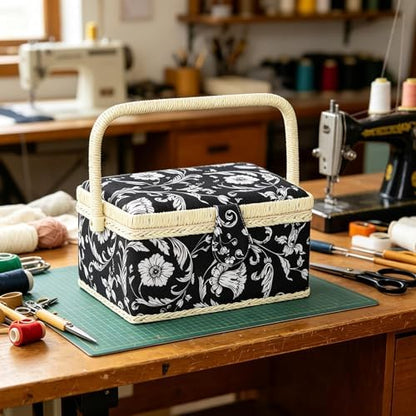 Medium Sewing Basket, Sewing Box with Accessories, Black White Flower - Image 4
