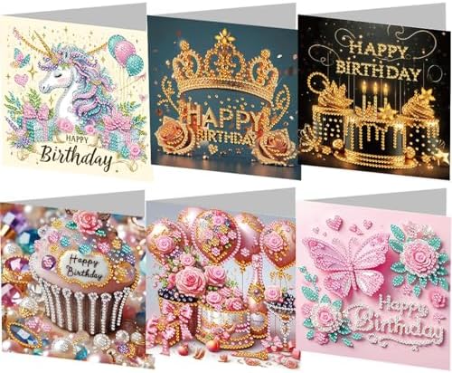 6PCS Diamond Art Painting Greeting Cards Kit, Birthday Themed DIY Card Making Set with Crystals and Envelopes, Creative Craft for Adults, Fun Party Activity and Personalized Gift by Unknown