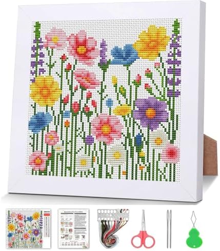 Wildflowers Stamped Cross Stitch Kits for Adult Beginner with Wooden Frame by VIGEGU