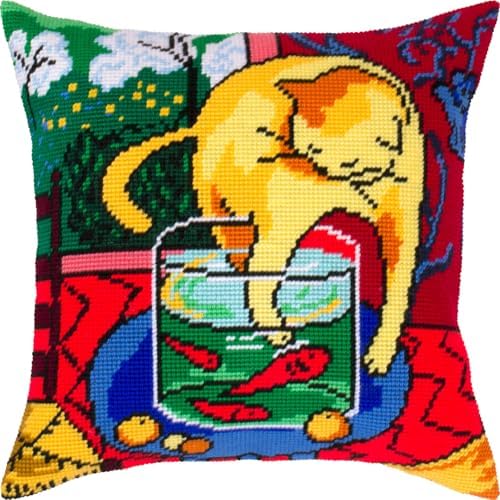Brvsk Artistic Embroidery Kit for Adults and Beginners — Cat with Fish 16″ × 16″ with Clear, Precise Printed Design on Cotton Canvas; Includes 2 Needles, Yarn, and Easy-Read Chart by Brvsk