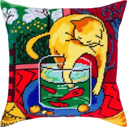 Brvsk Artistic Embroidery Kit for Adults and Beginners — Cat with Fish 16″ × 16″ with Clear, Precise Printed Design on Cotton Canvas; Includes 2 Needles, Yarn, and Easy-Read Chart by Brvsk