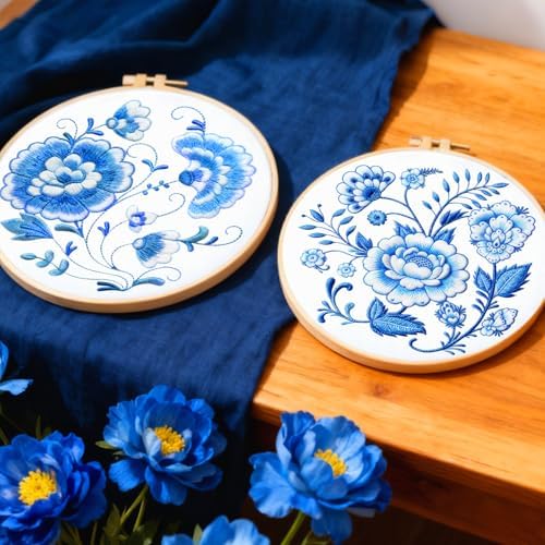 BEUNITONE 4 Set Embroidery Kit for Beginners, Blue Flower Cross Stitch Kits, Needlepoint Kits for Adults with Instructions and Full Kit, Classical Hand Embroidery Patterns for Cloth and Home Decor - Image 5