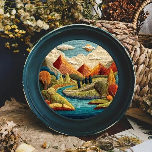 FONNUY Embroidery Kit for Beginners, Brightly Colored Landscape Lake Pre-Stamped Pattern Kits for Adults with Hoop, Easy to Follow Color Thread Needlework, 8'' Hoop (Blue) - Image 4