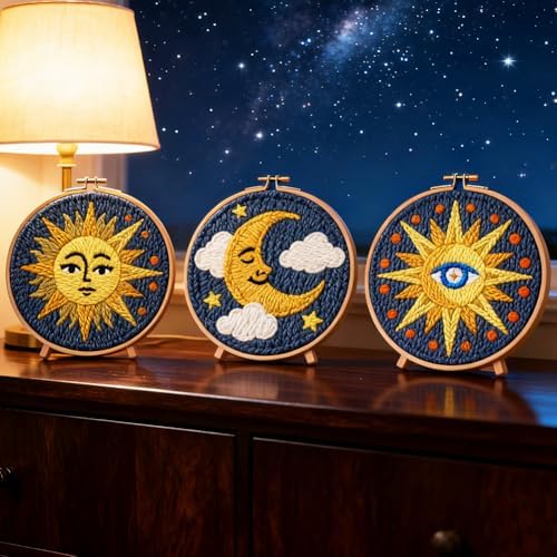 INFUNLY 3 Set Sun Moon Punch Needle Kits for Beginner Adult Star DIY Punch Needle Embroidery Starter Kit for Wall Hanging Evil Eye Needles Stitching Kit with Instruction for DIY Crafts Gift Home Decor - Image 6