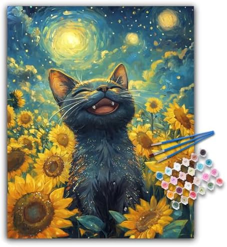 Paint by Numbers Kit for Adults, Sunflowers Black Cat Canvas Painting Set by Offito