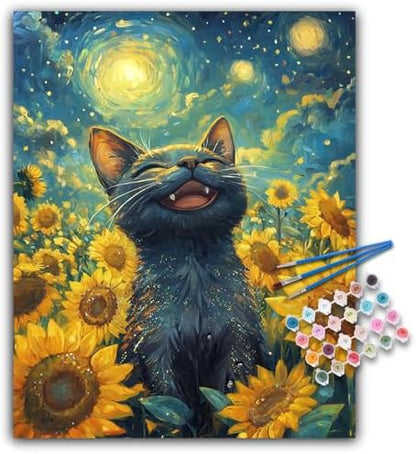 Paint by Numbers Kit for Adults, Sunflowers Black Cat Canvas Painting Set by Offito