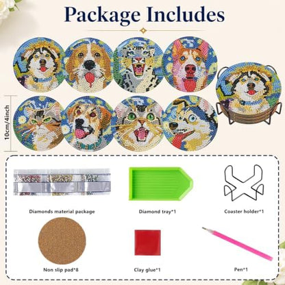 DOTZSO Diamond Art Coaster Kit 8Pcs Dog Diamond Painting Coaster 4×4in - Image 2