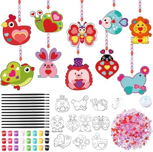 Dunzoom 30 Pack Valentine's Day Suncatcher Craft Kits for Classroom Exchange - DIY Pink Heart Paint Art Set - Bulk Valentines Party Favors Gifts, Non-Candy Activity, Window Ornaments Decor by Dunzoom