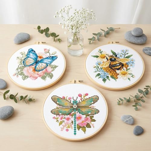 3 Pack Cross Stitch Kits for Beginners-Insects and Flowers,with Hoop 8x8in - Image 2