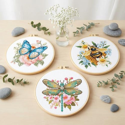 3 Pack Cross Stitch Kits for Beginners-Insects and Flowers,with Hoop 8x8in - Image 2