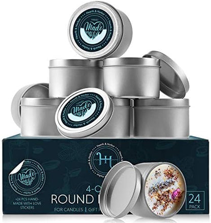 Hearth & Harbor 5 lbs. Soy Candle Wax with Supplies, 4 oz. 24 Pack Tin Jars with Lids, Cotton Candle Wicks, Wick Stickers and Centering Devices - Soy Wax Flakes with Containers for Candle Making - Image 2