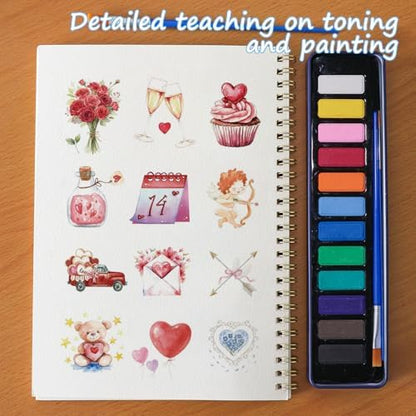Beginner Watercolor Painting Kit Watercolor Workbook Coloring Book 12 Colors Paint Set with Brush, DIY Valentine's Day Cards Easily Master Beginner Friendly Watercolor Paint Set Valentine's Day Gifts for Adults Teens. (Valentine's Day) - Image 3
