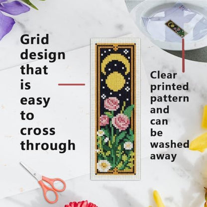 INFUNLY 6PCS Moon Flower Cross Stitch Bookmark Kit 3x8.5 Inch Botanical Stamped Embroidery Bookmark Kits with Moon Rose Lily Mushroom Needlepoint Bookmark Kit with Instruction for Book Lovers Readers - Image 3