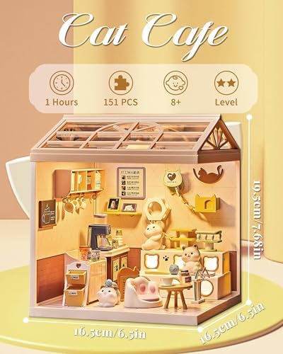 Kisoy DIY Miniature House Kit, Tiny House Building Kit with Furniture and LED Light for Teens and Beginners, DIY Mini House Craft Kit, Christmas Decorations/Gifts for Family and Friends (Cat Cafe) - Image 2