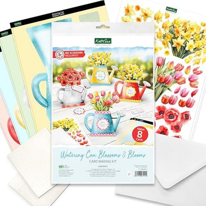 Katy Sue Watering Can Blossoms & Blooms Card Making Kit. 8 Shaped Cards, 3 Sheets of Floral Die Cut Decoupage, 8 Envelopes, Adhesive Foam Pads, & Instructions. For Card Making Supplies & Card Crafting - Image 2