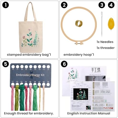 CREAWONDER Canvas Tote Bag Embroidery Kit with Pattern for Beginners, Arts and DIY Embroidery Crafts Kits for Adults, Include Instructions, Embroidery Hoops, Color Threads and Tool - Image 4