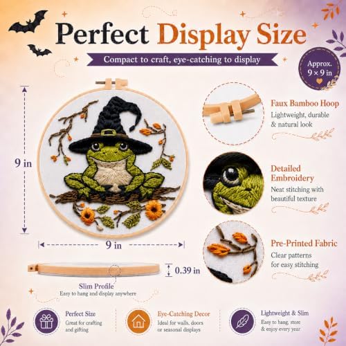 vadeny Halloween Embroidery Cross Stitch Kit for Beginners Adults Gothic Needlepoint DIY Craft Frog Haunted House Cauldron Bat Pattern 4 Set Sewing Hanging Decor with Needles Threads - Image 5