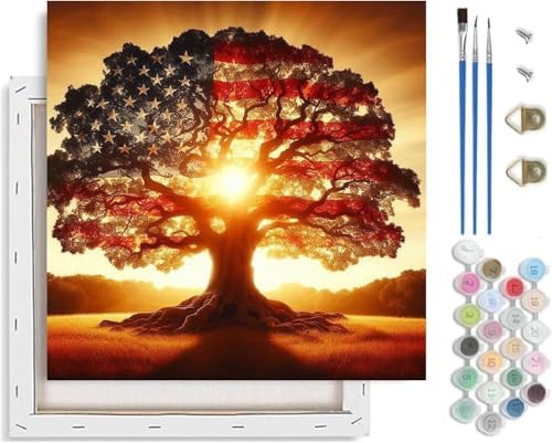 American flag Paint by Numbers Kit for Adults Beginner with Framed,Tree of Life Easy Adult Paint by Number Kits on Canvas DIY Painting for Beginners Art by Numbers for Home Wall Decor 10x10 Inch by NEGEKFKX