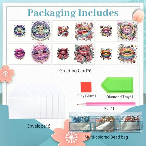 antor 6 Pack 5D Diamond Painting Greeting Cards, Fashionable Lip Design - Image 3
