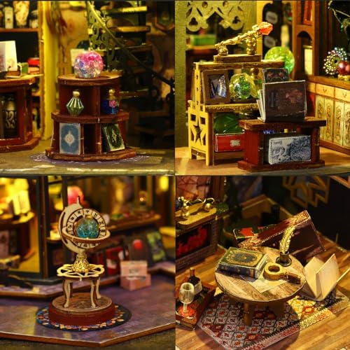 Plustopoy Miniature House Kit DIY Mini House Building Kit with LED Light, DIY Mini Dollhouse with Furniture Book Nook Kit, 3D Wooden Puzzle Wooden Bookend Shelf Insert Decro (Holo Magic City) - Image 3