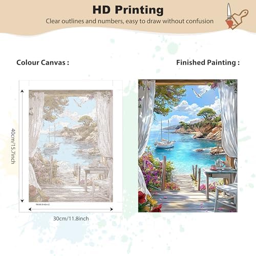 EOBROMD Framed Paint by Numbers Kits for Adults Seaview, DIY Landscape Acrylic Paint by Number on Stretched Canvas, Painting Kits Adults Oil Paint by Numbers for Home Decor 12x16inch - Image 3