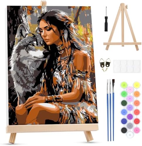 MXJSUA Native American Woman Wolf Framed Paint by Numbers for Adults Beginners, Easy Adults' Paint-by-Number Kits on Canvas with Easel, Acrylic Number Painting Crafts Gifts for Home Decor, 8x12 inch by MXJSUA-DiamondPaintingkits