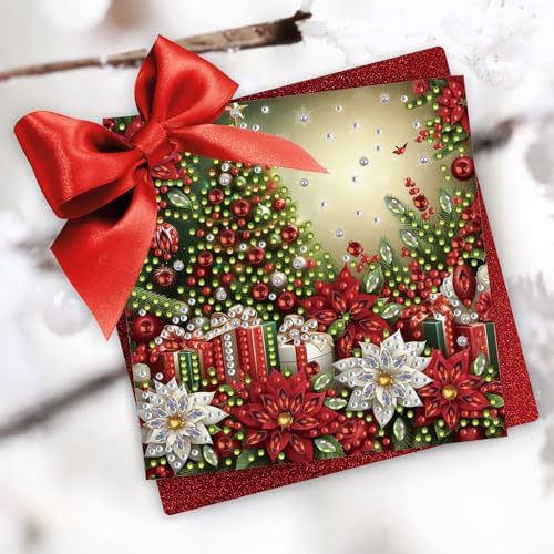 6Pcs Christmas Greeting Card DIY Diamond Art Painting Greeting Cards Blessing Folding Card Kit with White Envelopes Diamond Arts Crafts for Birthday Festival Gift-Poinsettia - Image 2