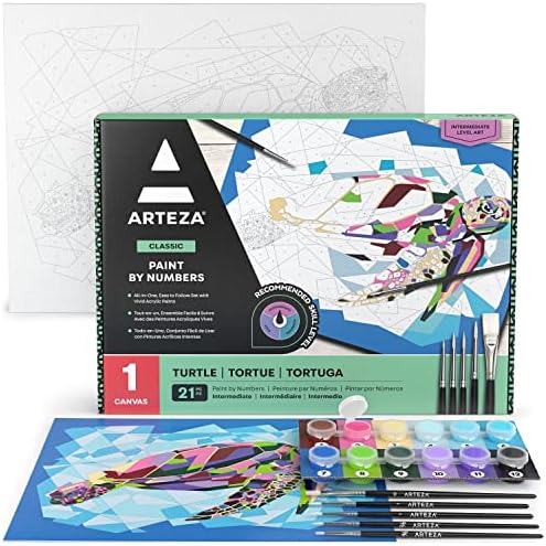 ARTEZA Paint by Number for Adults, 12x16 Inches, 21 Pieces, Turtle Paint by Numbers Kit, Comes with 1 Canvas Panel, 12 Acrylic Paint Pots, 5 Paintbrushes, Art Supplies for Home & Office Wall Decor by ARTEZA