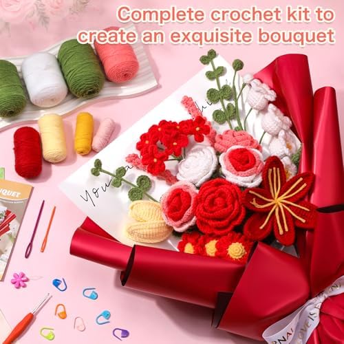 Iuuidu Crochet Kit for Beginners, Flower Bouquet Crochet Kit Rose Red - Image 4