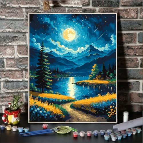 Lovepefe Moon Paint By Numbers Kit for Adults Beginner Forest Adult Paint By Number Kits On Canvas Adults Kits DIY Lake Flowers Oil Painting Kits for Gift Home Wall Decor 16x20 Inch - Image 2