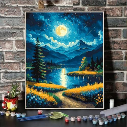 Lovepefe Moon Paint By Numbers Kit for Adults Beginner Forest Adult Paint By Number Kits On Canvas Adults Kits DIY Lake Flowers Oil Painting Kits for Gift Home Wall Decor 16x20 Inch - Image 2