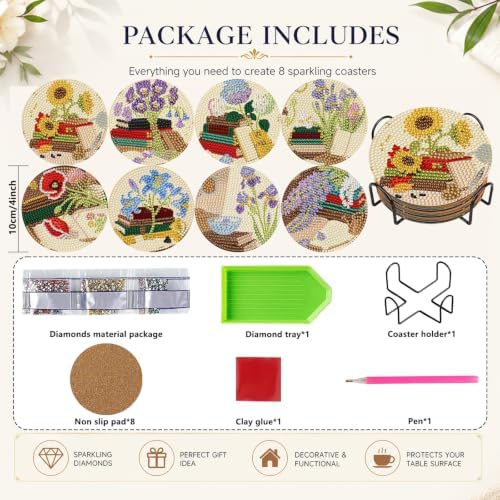 DOTZSO Diamond Art Coaster Kit 8Pcs Book Diamond Painting Coaster 4×4in - Image 2