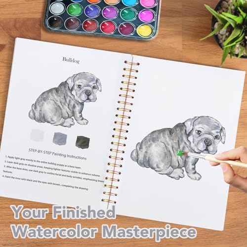Easy Watercolor Workbook for Beginners - 12 Beautiful Step-by-Step Paintings Water Coloring Book, Includes 18 Colors Paints, Relaxing Art Projects and Creative Gift for Adults & Teen (Dogs) - Image 6