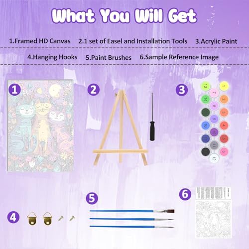 MAXBYE Framed Paint by Numbers Kits for Adults, Colorful Cat Paint by Numbers Kit for Adults with Wooden Easel, Easy DIY Oil Painitings Kits with Tools for Beginners Gift Home Wall Decor 10×14 Inch - Image 6