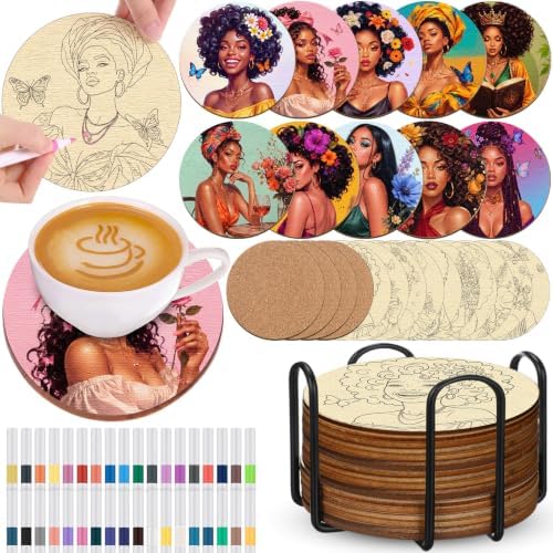 Reallnaive 45 Pcs Wooden Coasters Painting Set with Markers 4 Inch Boho Drink Coaster Gift Arts and Crafts DIY Kit for Adults, Women, Hobby, Ornament Home Apartment Decor (Character) by Reallnaive