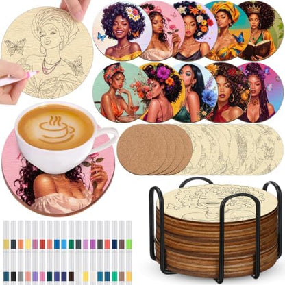 Reallnaive 45 Pcs Wooden Coasters Painting Set with Markers 4 Inch Boho Drink Coaster Gift Arts and Crafts DIY Kit for Adults, Women, Hobby, Ornament Home Apartment Decor (Character) by Reallnaive