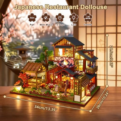 DIY Japanese Miniature House Kit, DIY Miniature Japanese Sushi Shop Dollhouse, 3D Wooden Sushi House Kit with LED Dustproof Covers & Music, Home Decor Birthday Gift Hands Craft for Adults - Image 2