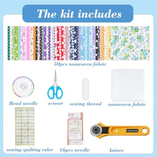 WEBEEDY DIY Small Bag Quilted Kit Square Pattern Handbag Quilted Starter Kit for Beginners Adults Handmade Small Bag Making Set with 50 Mixed Colours Fabrics Instructions and Complete Quilting Tools - Image 2