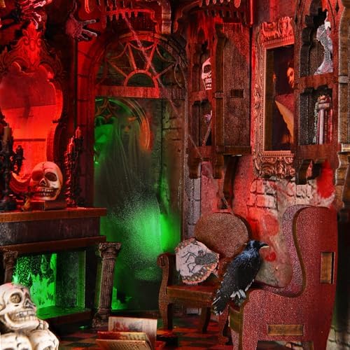 fifijoy Haunted Mansion Halloween Book Nook Kit - DIY Miniature Haunted House Booknook for Adults, Spooky 3D Wooden Puzzle Bookshelf Insert Decor with LED Light, Gifts for Family, Friends - Image 4