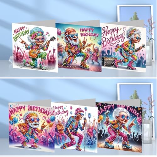 jinglinhh 6pcs Happy Birthday Old Couple Music Guitar Rock Diamond Art Painting Greeting Cards with Envelopes, DIY Card Making Kits for Adults, Diamond Art Postcards Christmas Cards Craft Gifts - Image 4