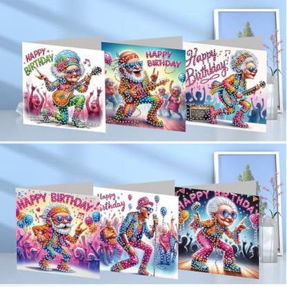 jinglinhh 6pcs Happy Birthday Old Couple Music Guitar Rock Diamond Art Painting Greeting Cards with Envelopes, DIY Card Making Kits for Adults, Diamond Art Postcards Christmas Cards Craft Gifts - Image 4