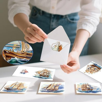 jinglinhh 12pcs Diamond Art Painting Sea Sailing Boat Greeting Cards with Envelopes, DIY Card Making Kits for Adults, Diamond Art Christmas Cards for Birthday Holiday Gifts - Image 6