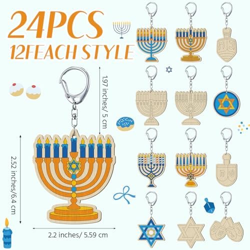 RattanView 24 Pcs Hanukkah Craft Keychains DIY Keychain, 12 Styles - Image 2