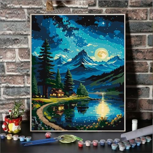 Lovepefe Mountain Paint By Numbers Kit for Adults Lakeside Cabin Adult Paint By Number Kits On Canvas Moon Night Oil Painting Kit for Beginners Adults Kits for Gift Home Wall Decor 16x20 Inch - Image 2